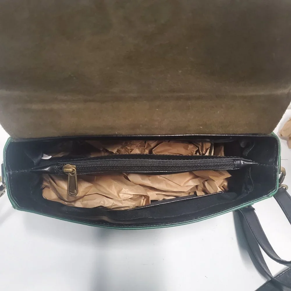 AuGre France Crossbody Bag Green & Black Leather Top Handle 2 Section Satchel - Picture 3 of 14